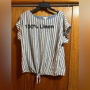 LL Bean Signature Linen Blue Striped Knot Tie Front Short Sleeve Blouse